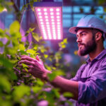 A photograph of a lighting contractor installing or adjusting a modern plant led grow light in a vibrant indoor garden or greenhouse setting
