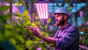 A photograph of a lighting contractor installing or adjusting a modern plant led grow light in a vibrant indoor garden or greenhouse setting