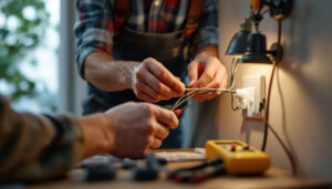 A photograph of a lighting contractor skillfully installing a 3-way switch in a residential setting