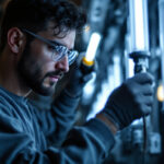 A photograph of a lighting contractor in action