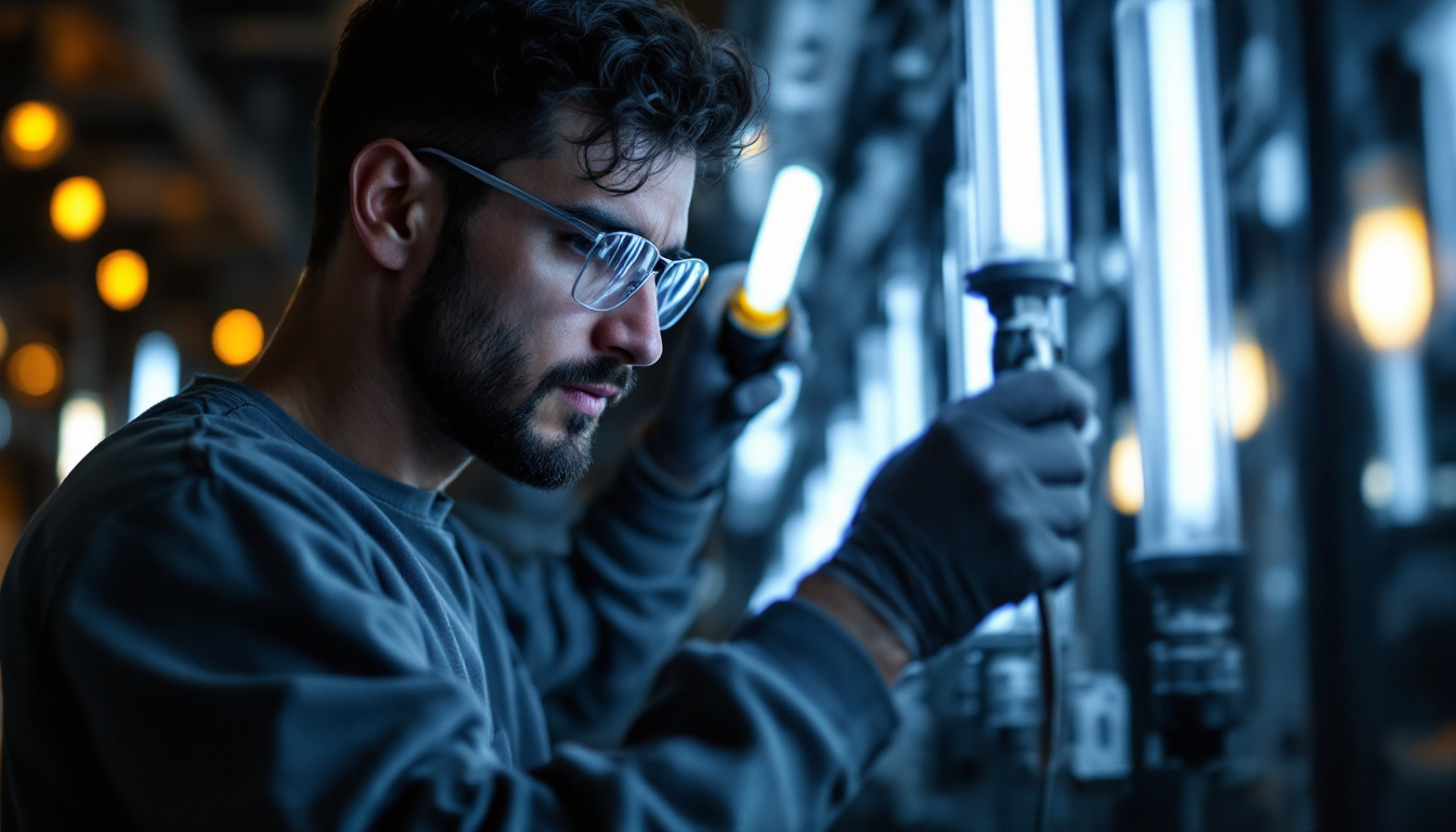 A photograph of a lighting contractor in action