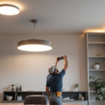 A photograph of a modern interior space featuring flush mount led ceiling lights