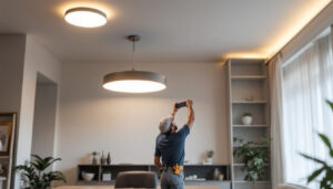 A photograph of a modern interior space featuring flush mount led ceiling lights