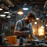 A photograph of a skilled lighting contractor at work