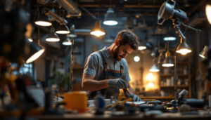 A photograph of a skilled lighting contractor at work