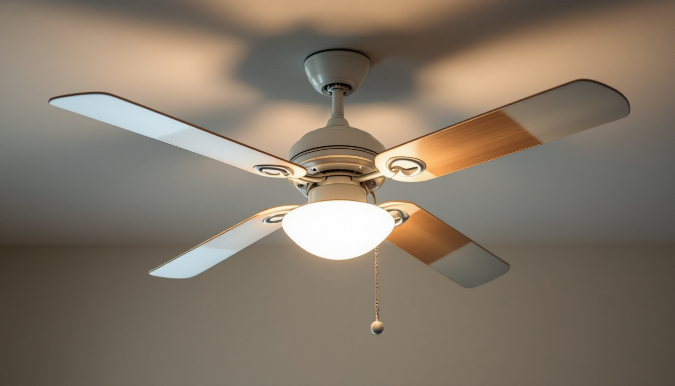 A photograph of a well-lit ceiling fan showcasing its various components