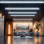 A photograph of a modern interior space featuring sleek ceiling linear lights