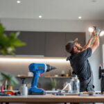 A photograph of a lighting contractor skillfully installing new can lights in a modern home setting