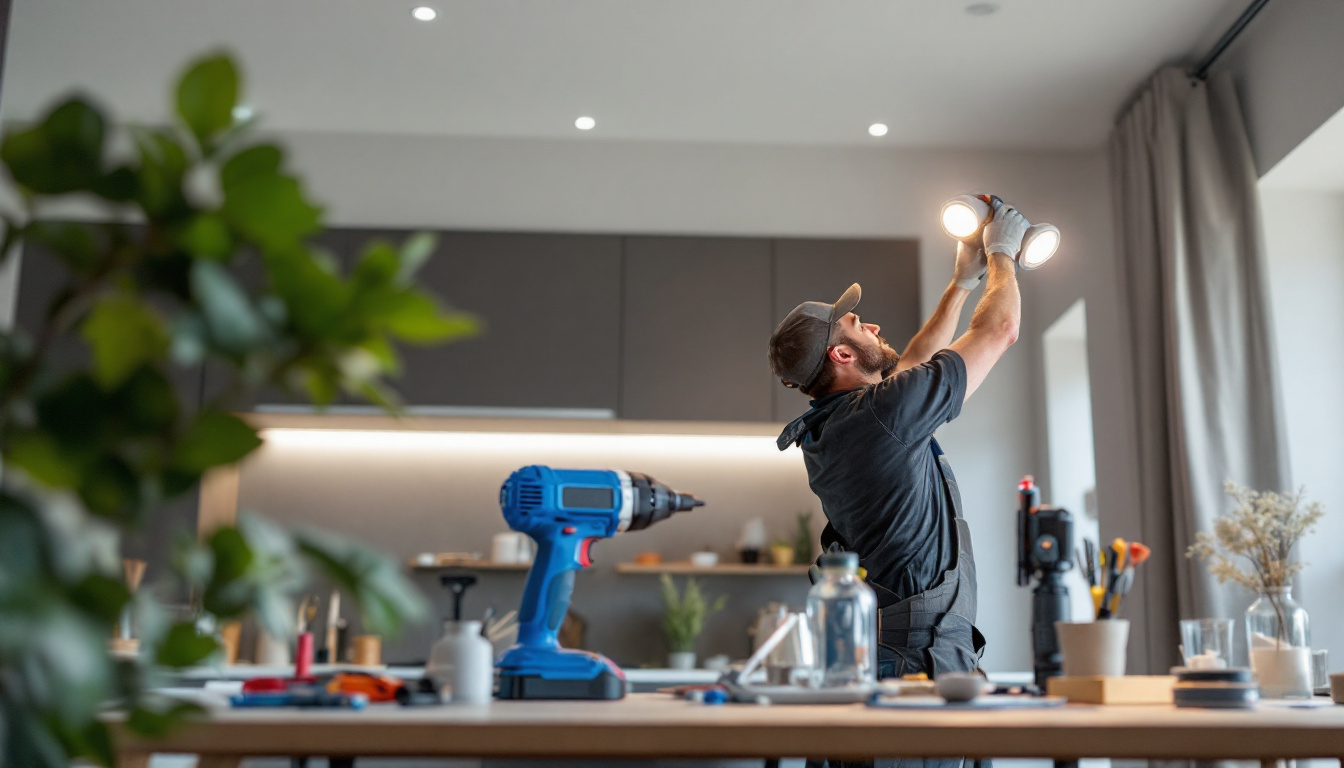 A photograph of a lighting contractor skillfully installing new can lights in a modern home setting