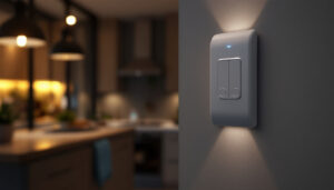 A photograph of a modern 3-way motion detector switch installed in a stylish home setting