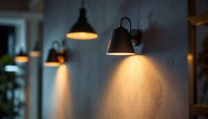 A photograph of a beautifully designed wall light installation in a modern commercial space