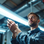A photograph of a lighting contractor installing led tubes in a commercial space