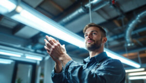 A photograph of a lighting contractor installing led tubes in a commercial space