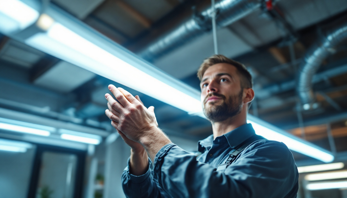 A photograph of a lighting contractor installing led tubes in a commercial space