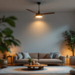 A photograph of a well-lit interior space featuring a stylish light fan fixture