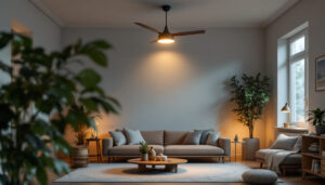 A photograph of a well-lit interior space featuring a stylish light fan fixture