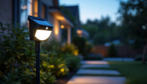 A photograph of a solar-powered motion-sensor light installed in a residential outdoor setting at dusk