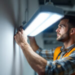 A photograph of a skilled lighting contractor installing or adjusting a modern fluorescent light fixture in a commercial or residential setting