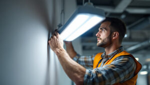 A photograph of a skilled lighting contractor installing or adjusting a modern fluorescent light fixture in a commercial or residential setting