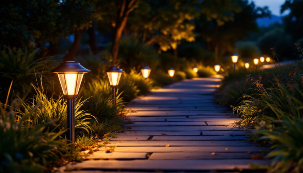 A photograph of a beautifully illuminated pathway featuring high-quality solar aluminum pathway lights