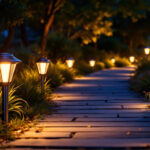 A photograph of a beautifully illuminated pathway featuring high-quality solar aluminum pathway lights