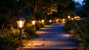 A photograph of a beautifully illuminated pathway featuring high-quality solar aluminum pathway lights