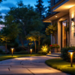 A photograph of a well-lit outdoor space highlighting various exterior solar spot lights in use