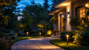 A photograph of a well-lit outdoor space highlighting various exterior solar spot lights in use