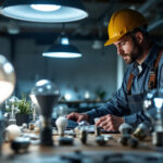A photograph of a lighting contractor examining a variety of led lamps and fixtures in a well-lit workspace