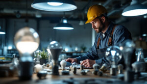 A photograph of a lighting contractor examining a variety of led lamps and fixtures in a well-lit workspace