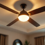 A photograph of a stylish ceiling fan installed in a well-lit room