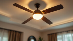 A photograph of a stylish ceiling fan installed in a well-lit room