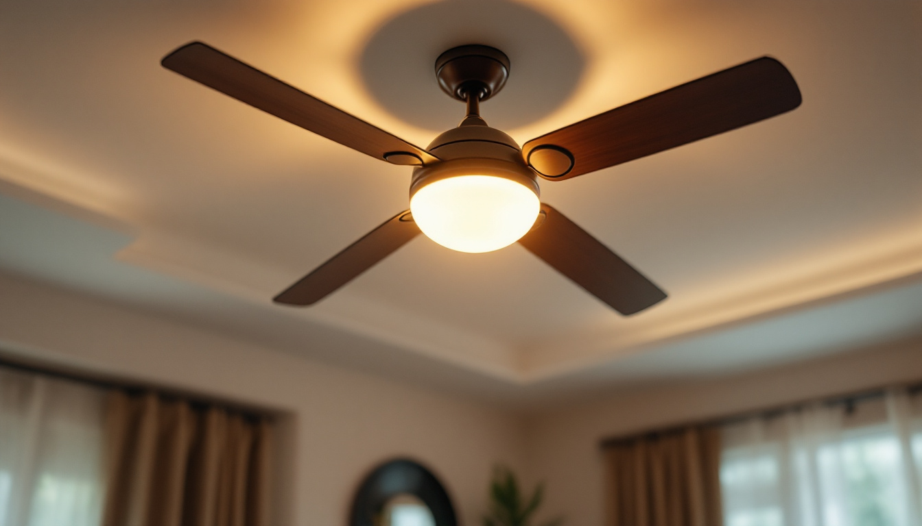 A photograph of a stylish ceiling fan installed in a well-lit room