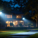 A photograph of a lighting contractor installing or showcasing led flood lamps in an outdoor setting
