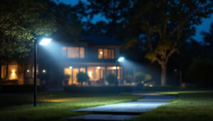 A photograph of a lighting contractor installing or showcasing led flood lamps in an outdoor setting