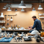 A photograph of a well-organized workspace featuring various lighting fixture parts
