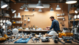 A photograph of a well-organized workspace featuring various lighting fixture parts