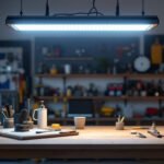 A photograph of a well-lit workspace featuring an 8-foot led shop light fixture installed above a workbench