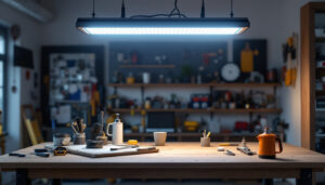 A photograph of a well-lit workspace featuring an 8-foot led shop light fixture installed above a workbench