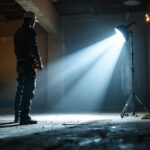 A photograph of a lighting contractor working in a dimly lit space