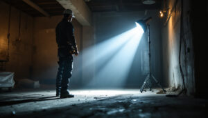 A photograph of a lighting contractor working in a dimly lit space