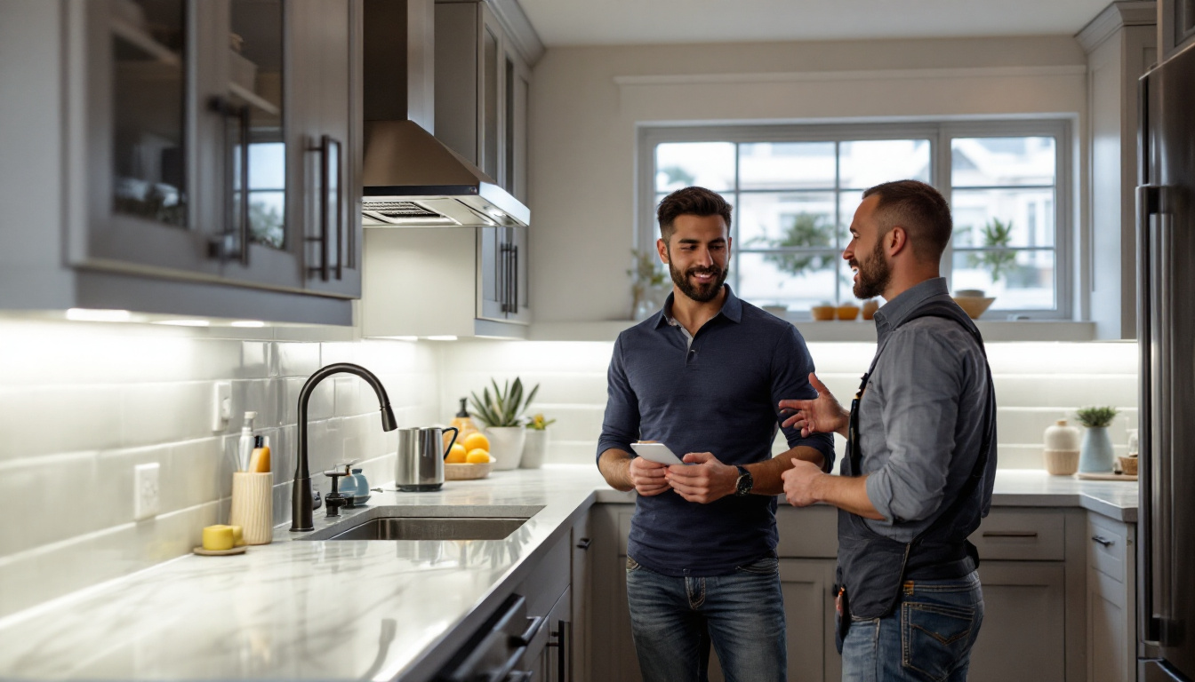 A photograph of a well-lit kitchen featuring stylish under-cabinet led lighting that highlights the countertops and creates an inviting atmosphere