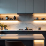 A photograph of a beautifully designed kitchen showcasing under counter lighting that highlights the countertops and enhances the overall ambiance