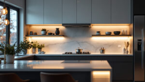 A photograph of a beautifully designed kitchen showcasing under counter lighting that highlights the countertops and enhances the overall ambiance