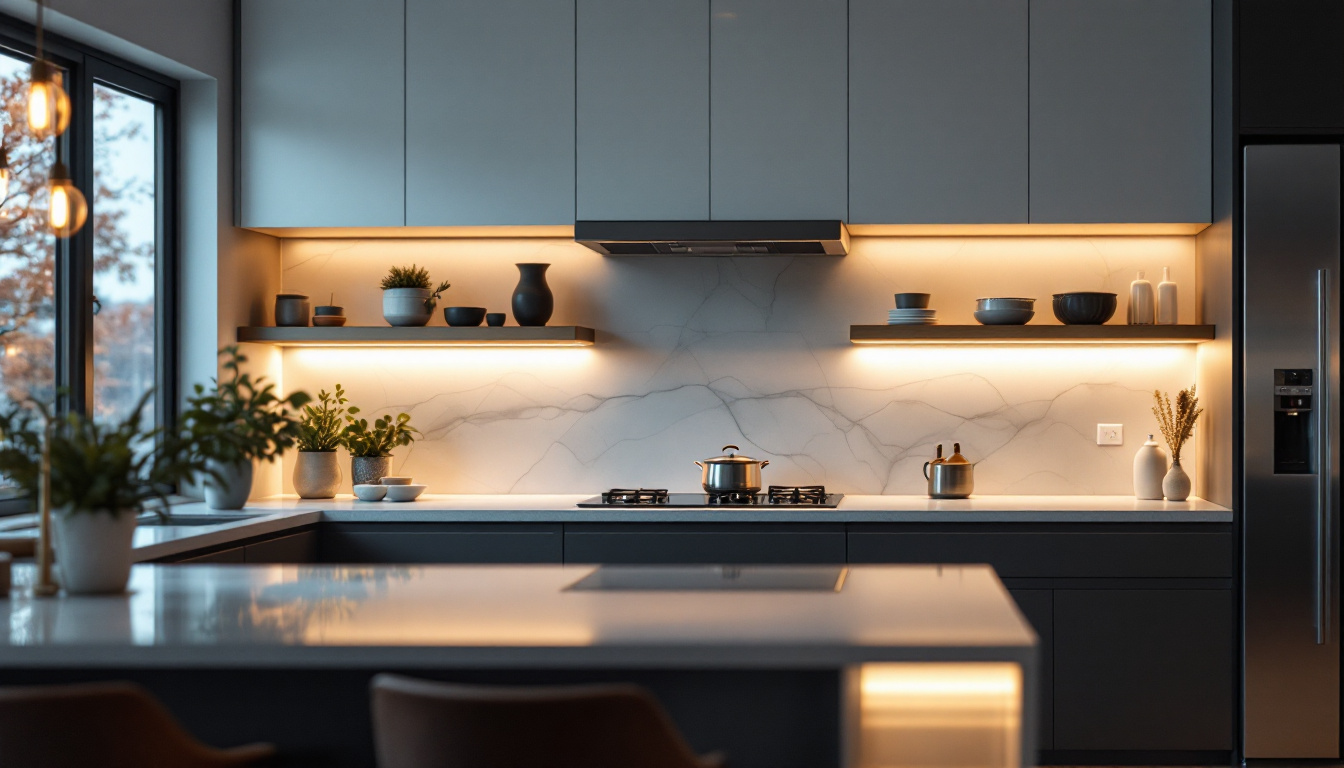 A photograph of a beautifully designed kitchen showcasing under counter lighting that highlights the countertops and enhances the overall ambiance