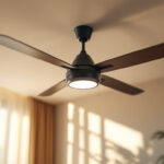 A photograph of a beautifully designed ceiling fan with integrated lighting in a stylish living room setting