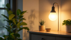 A photograph of capture a photograph of an mr16 lamp illuminating a modern