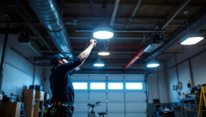 A photograph of a well-lit garage showcasing modern ceiling lights in action