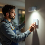 A photograph of a lighting professional installing or adjusting a light motion sensor switch in a modern home setting