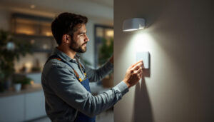 A photograph of a lighting professional installing or adjusting a light motion sensor switch in a modern home setting